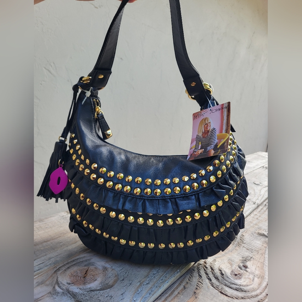 BETSEY JOHNSON LEATHER   FRINGE STUDDED HOBO BAG